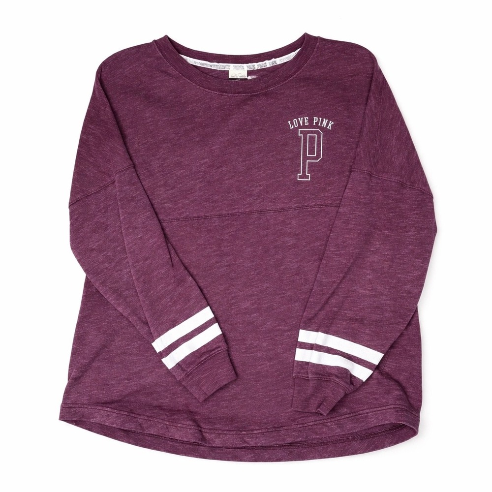Victoria's Secret PINK Love Pink Varsity Long Sleeve Campus Tee Size L Burgundy - Picture 3 of 6